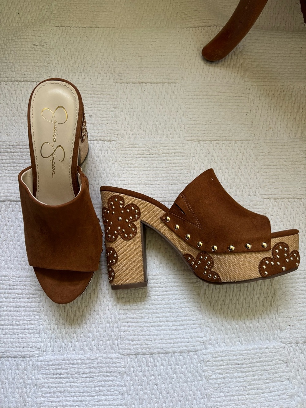 Jessica Simpson Brown Suede Floral Stud Platform Mules
